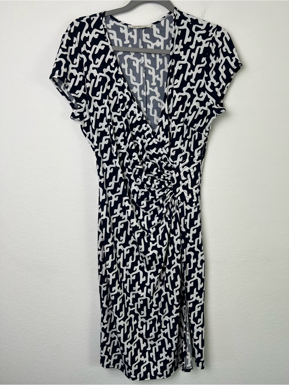 Laundry by Design Navy White Cap Sleeve Faux Wrap Dress Office Wedding Vacation